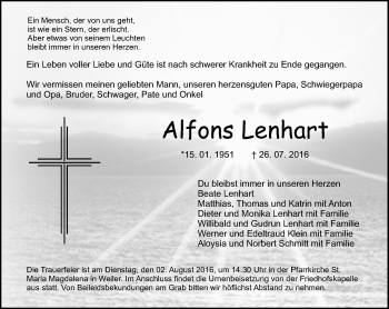 Traueranzeige von Alfons Lenhart von Trauerportal Rhein Main Presse