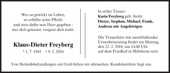 Traueranzeige von Klaus-Dieter Freyberg von  Wormser Zeitung