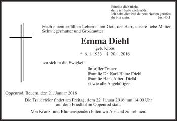 Traueranzeige von Emma Diehl von  Gießener Anzeiger