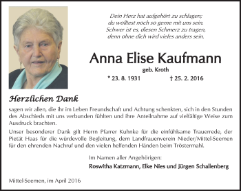 Traueranzeige von Anna Elise Kaufmann von  Sonntags Anzeiger