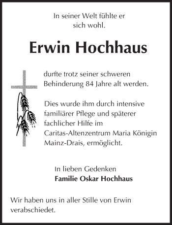 Traueranzeige von Erwin Hochhaus von  Allgemeine Zeitung Mainz
