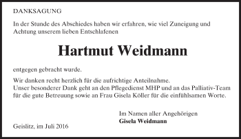 Traueranzeige von Hartmut Weidmann von  GT am Sonntag