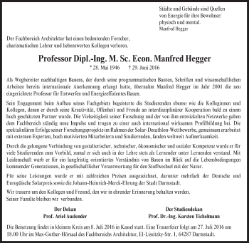 Traueranzeige von Manfred Hegger von Trauerportal Echo Online