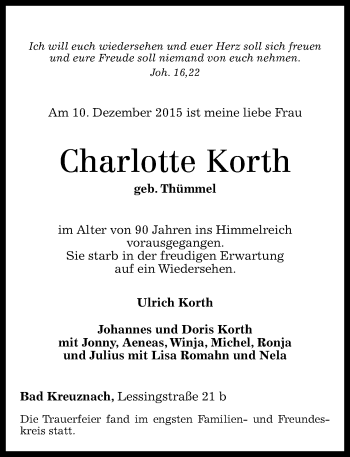 Traueranzeige von Charlotte Korth von  Allg. Zeitung Bad Kreuznach
