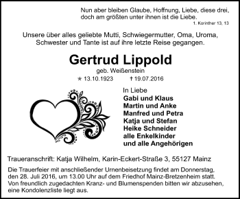 Traueranzeige von Gertrud Lippold von Trauerportal Rhein Main Presse Traueranzeige von Gertrud Lippold von Trauerportal Rhein Main Presse