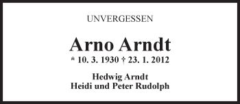 Traueranzeige von Arno Arndt von  Allgemeine Zeitung Mainz