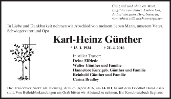 Traueranzeige von Karl-Heinz Günther von  Kreisanzeiger