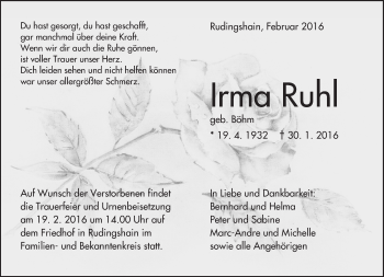 Traueranzeige von Irma Ruhl von  Kreisanzeiger