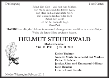 Traueranzeige von Helmut Steuerwald von  Allgemeine Zeitung Alzey