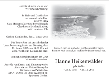 Traueranzeige von Hanne Heikenwälder von  Gießener Anzeiger