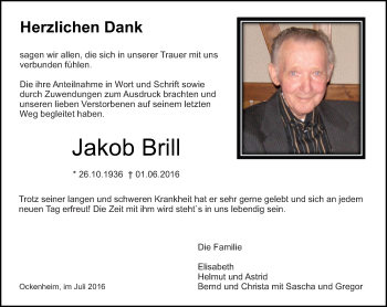 Traueranzeige von Jakob Brill von Trauerportal Rhein Main Presse
