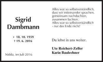 Traueranzeige von Sigrid Dambmann von  Sonntags Anzeiger