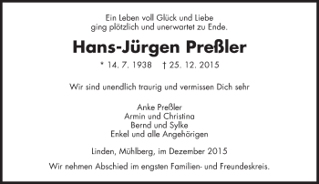 Traueranzeige von Hans-Jürgen Preßler von  Gießener Anzeiger
