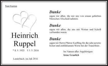 Traueranzeige von Heinrich Ruppel von  OK Oberhessen Kurier