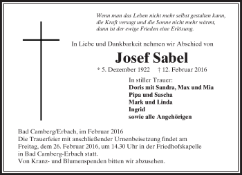 Traueranzeige von Josef Sabel von  Camberger Anzeiger