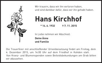 Traueranzeige von Hans Kirchhof von  Kreisanzeiger