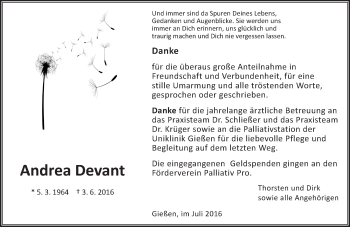 Traueranzeige von Andrea Devant von  Gießener Anzeiger