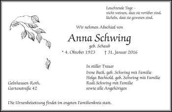 Traueranzeige von Anna Schwing von  GT am Sonntag
