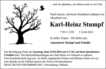 Traueranzeige von Karl-Heinz Stumpf von  Allgemeine Zeitung Alzey