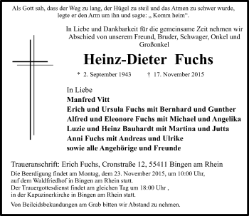 Traueranzeige von Heinz-Dieter Fuchs von  Allgemeine  Zeitung Ingelheim-Bingen