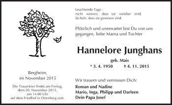 Traueranzeige von Hannelore Junghans von  Kreisanzeiger
