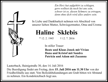 Traueranzeige von Haline Sklebis von VRM Trauer
