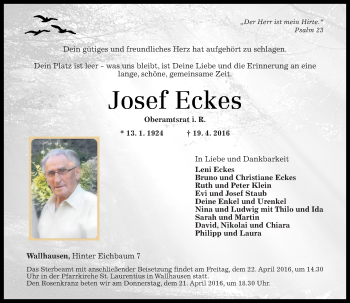 Traueranzeige von Josef Eckes von  Allg. Zeitung Bad Kreuznach