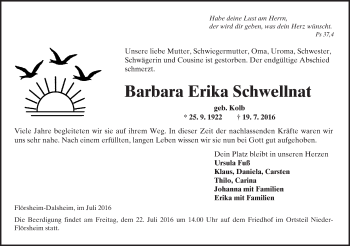 Traueranzeige von Barbara Erika Schwellnat von Trauerportal Rhein Main Presse