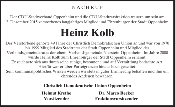 Traueranzeige von Heinz Kolb von  Landskrone