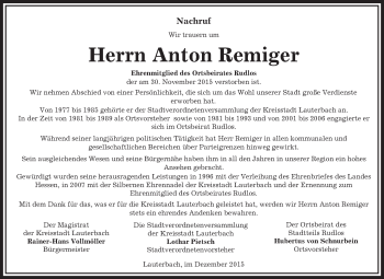 Traueranzeige von Anton Remiger von VRM Trauer