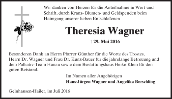 Traueranzeige von Theresia Wagner von  Gelnhäuser Tageblatt