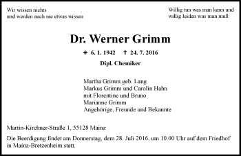 Traueranzeige von Werner Grimm von Trauerportal Rhein Main Presse Traueranzeige von Werner Grimm von Trauerportal Rhein Main Presse