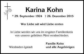 Traueranzeige von Karina Kohn von  Wiesbaden komplett