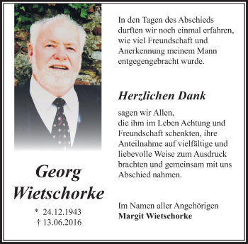 Traueranzeige von Georg Wietschorke von  Camberger Anzeiger