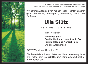 Traueranzeige von Ulla Stütz von Trauerportal Echo Online
