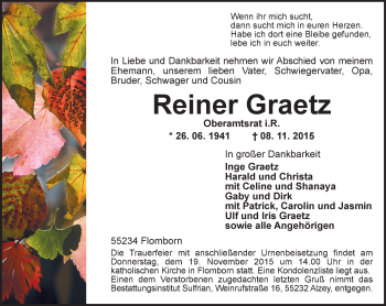 Traueranzeige von Reiner Graetz von  Allgemeine Zeitung Alzey