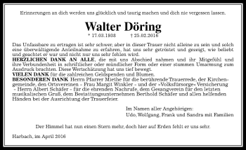 Traueranzeige von Walter Döring von  Gießener Anzeiger