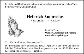 Traueranzeige von Heinrich Ambrosius von  Allgemeine Zeitung Mainz