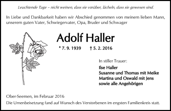 Traueranzeige von Adolf Haller von  Kreisanzeiger
