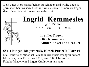 Traueranzeige von Ingrid Kemmesies von  Allgemeine  Zeitung Ingelheim-Bingen