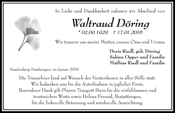 Traueranzeige von Waltraud Döring von  Gießener Anzeiger