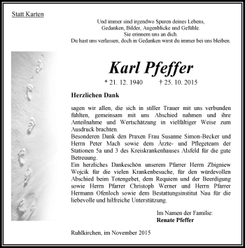 Traueranzeige von Karl Pfeffer von VRM Trauer