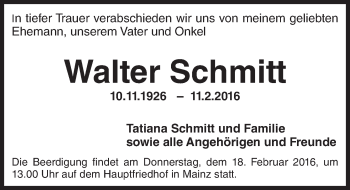 Traueranzeige von Walter Schmitt von  Allgemeine Zeitung Mainz