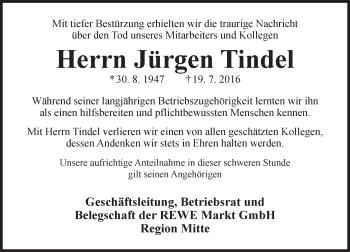 Traueranzeige von Jürgen Tindel von Trauerportal Rhein Main Presse