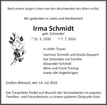 Traueranzeige von Irma Schmidt von  Gießener Anzeiger
