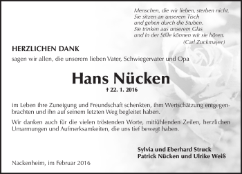 Traueranzeige von Hans Nücken von  Allgemeine Zeitung Mainz