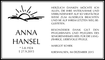 Traueranzeige von Anna Hansel von  OK Oberhessen Kurier