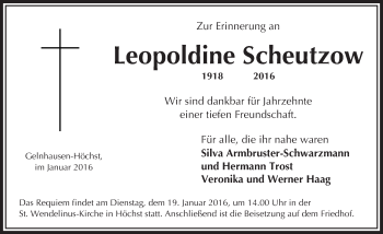 Traueranzeige von Leopoldine Scheutzow von  Gelnhäuser Tageblatt