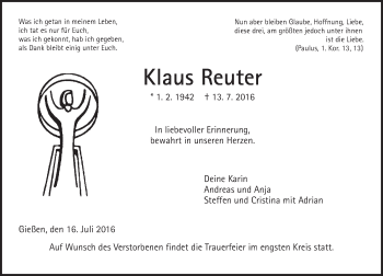Traueranzeige von Klaus Reuter von  Gießener Anzeiger