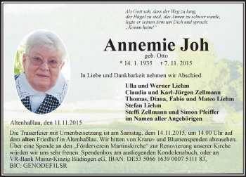 Traueranzeige von Annemie Joh von  GT Extra